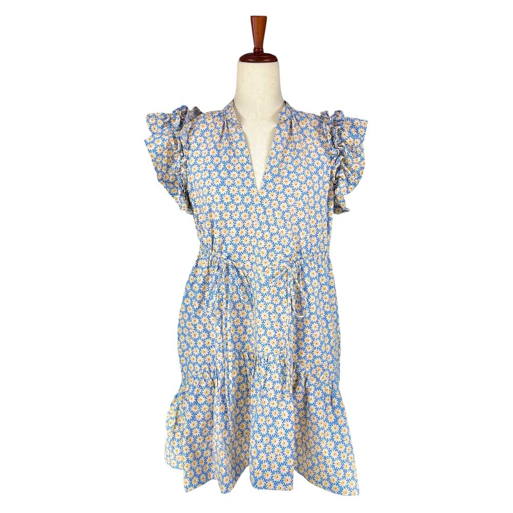 BY ANTHROPOLOGIE Ruffle-Sleeve Mini Dress Blue/Yellow Floral Size SP Petite